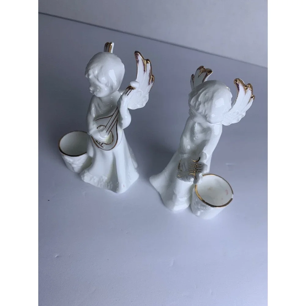 Vintage Bone China Angel‎ Candle Holders Gold Trim Cherub Musicians Set of 2